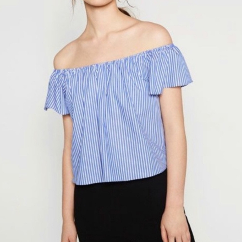Zara Blue Striped Off the Shoulder Bardot Crop Top Size XS